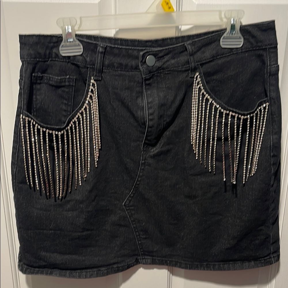 Black Denim Skirt with Fringe Detail